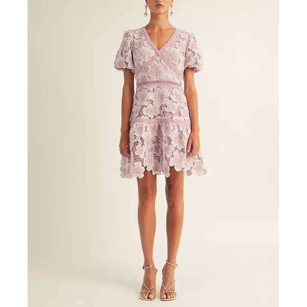 AROSE Studio Sarah Puff Sleeve Floral Lace Mini Dress Pink Gold Metallic Small